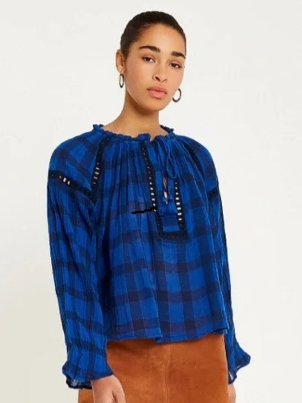 Free People Blue Honey Grove Plaid Cotton Top NWT